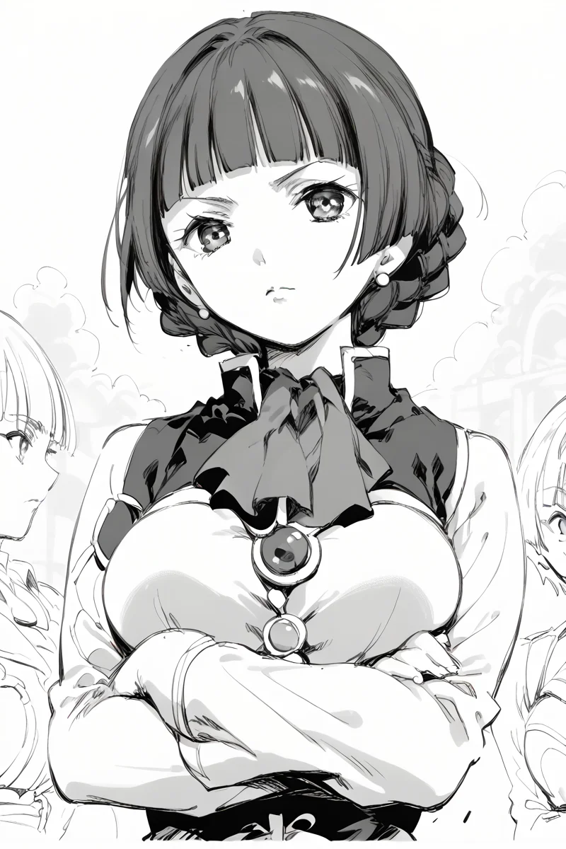 score_9, score_8_up, score_7_up, score_6_up,
<lora:Mamiina:1> mamiina, greyscale, 1girl, monochrome, jewelry, earrings, braid, crossed arms, short hair, brooch, blunt bangs, bow, breasts, bangs, upper body, long sleeves, looking at viewer, sibylla, sketch
<lora:Kubikiri:1> kubikiri