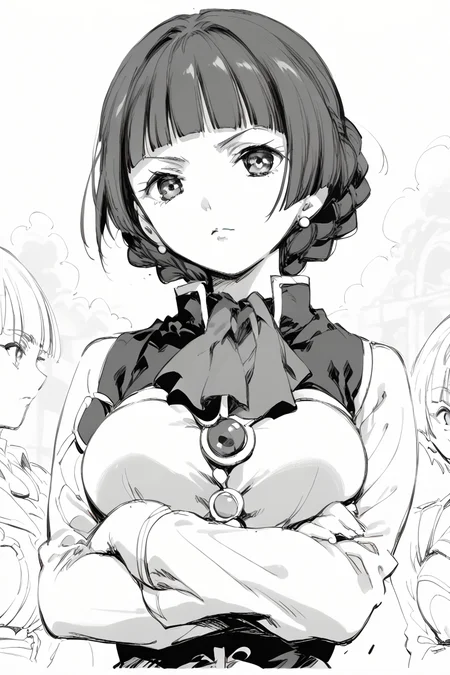 score_9, score_8_up, score_7_up, score_6_up,
  <lora:Mamiina:1> mamiina, greyscale, 1girl, monochrome, jewelry, earrings, braid, crossed arms, short hair, brooch, blunt bangs, bow, breasts, bangs, upper body, long sleeves, looking at viewer, sibylla, sketch
 <lora:Kubikiri:1> kubikiri