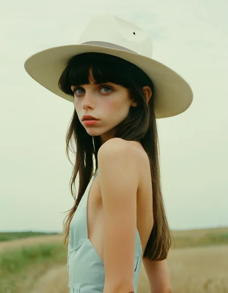 an underexposed film still by conrad roset of a woman looking like eleaxl6 posing wearing a hat