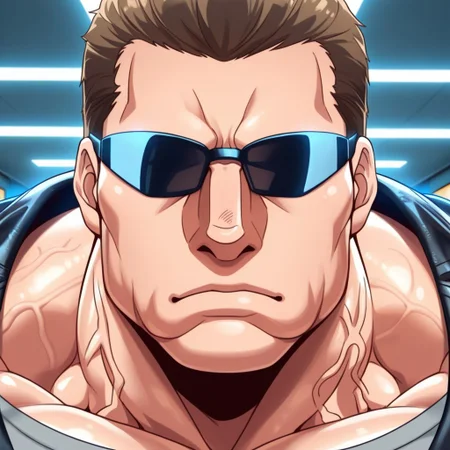 source_anime, detailed background, (score_9, score_8_up, score_7_up), zoroj, masterpiece, best quality, high quality, ultra detailed, highly detailed, high detail, artistic lighting, (highly detailed face, (perfect face, perfect eyes)), depth of field, perfect soft lighting, best shadows, perfect reflections, volumetric, detailed image, high resolution, defined faces, sharp definition,
((solo, 1boy)), male focus, Harnnold, brown hair, short hair, sunglasses, leather jacket, gray shirt, musclebears, muscular male, bara, hyper muscles, veiny muscles,
m0d3rn gym, modern gym, (((face shot))), side view looking at viewer,