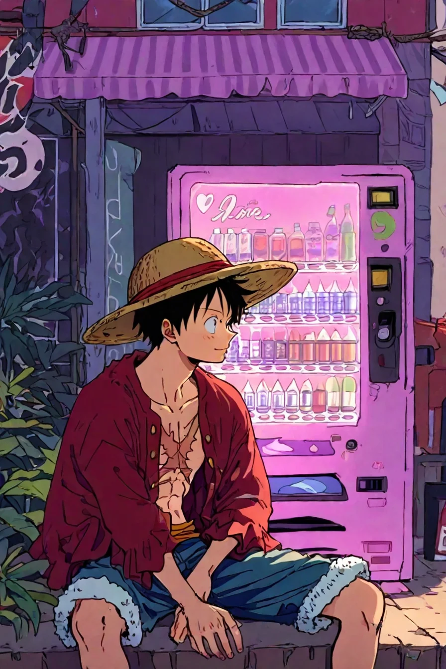 score_9, score_8_up, score_7_up, score_6_up, score_5_up, score_4_up, <lora:LUFFY_pony_XL:0.6>, Luffy, red jacket, scar on chest, straw hat, black hair, <lora:Lofi_style:1>, 1boy, solo, alone, lofi_style, lofi, masterpiece, highres, vending machine, sitting, sitting in front of vending machine