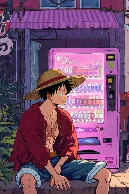 score_9, score_8_up, score_7_up, score_6_up, score_5_up, score_4_up, <lora:LUFFY_pony_XL:0.6>, Luffy, red jacket, scar on chest, straw hat, black hair, <lora:Lofi_style:1>, 1boy, solo, alone, lofi_style, lofi, masterpiece, highres, vending machine, sitting, sitting in front of vending machine