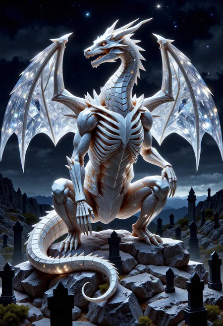 FluxEpicDragon, a crystaline dragon skeleton made of cut smoky grey diamond and obsidian with subsurface scattering and subtle light transmission, with a small head, monstrous and colossal towering over the landscape, stoically guarding an ancient cemetery of monumental gravestones and mausoleums in the dead of night at midnight, jagged and empty skeletal ribcage and spine and skull, skeletal wings spread