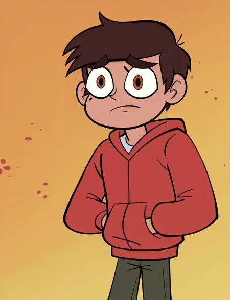 score_9, score_8_up, score_7_up, score_6_up, score_5_up, 1boy, <lora:SVTFOE_Diaz_Family:1> marco diaz, brown hair, red hoodie, mole under eye, pants, solo, svtfoe style,
<lora:Khyleri_EXL:0.35> orange background,