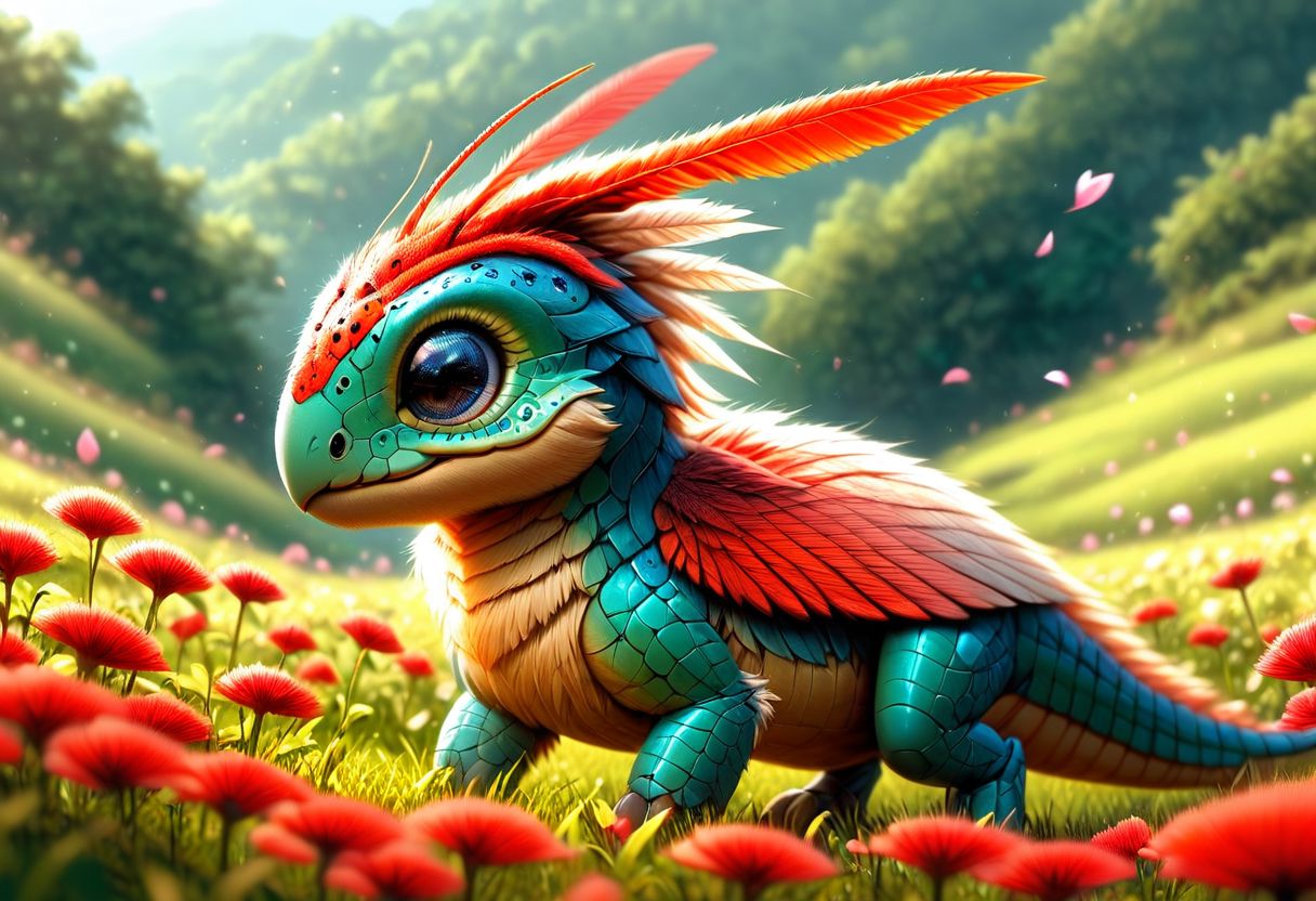 An adorable with big tits ladybug-flamingo hybrid creature with flower petal-like feathers, standing in a field of pink and red flowers, hyperrealistic, using the EasyNegative model. The creature should be extremely detailed, following HK style, and appear as if made from wooden art. The scene should also include elements of an insectosaur. Ensure the overall image is whimsical and enchanting