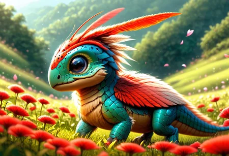 An adorable with big tits ladybug-flamingo hybrid creature with flower petal-like feathers, standing in a field of pink and red flowers, hyperrealistic, using the EasyNegative model. The creature should be extremely detailed, following HK style, and appear as if made from wooden art. The scene should also include elements of an insectosaur. Ensure the overall image is whimsical and enchanting