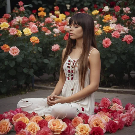 Hight detail RAW color photo, professional photograph, low saturation, side view,
beautiful woman, 20 yo, Straight long hair with bangs,
She is wearing a Loose Dress and sitting cross-legged with her Half-closed eyes meditating,
(blooming Colorful flowers, An incredible amount of roses:1.5),<lora:roseyard:1>,