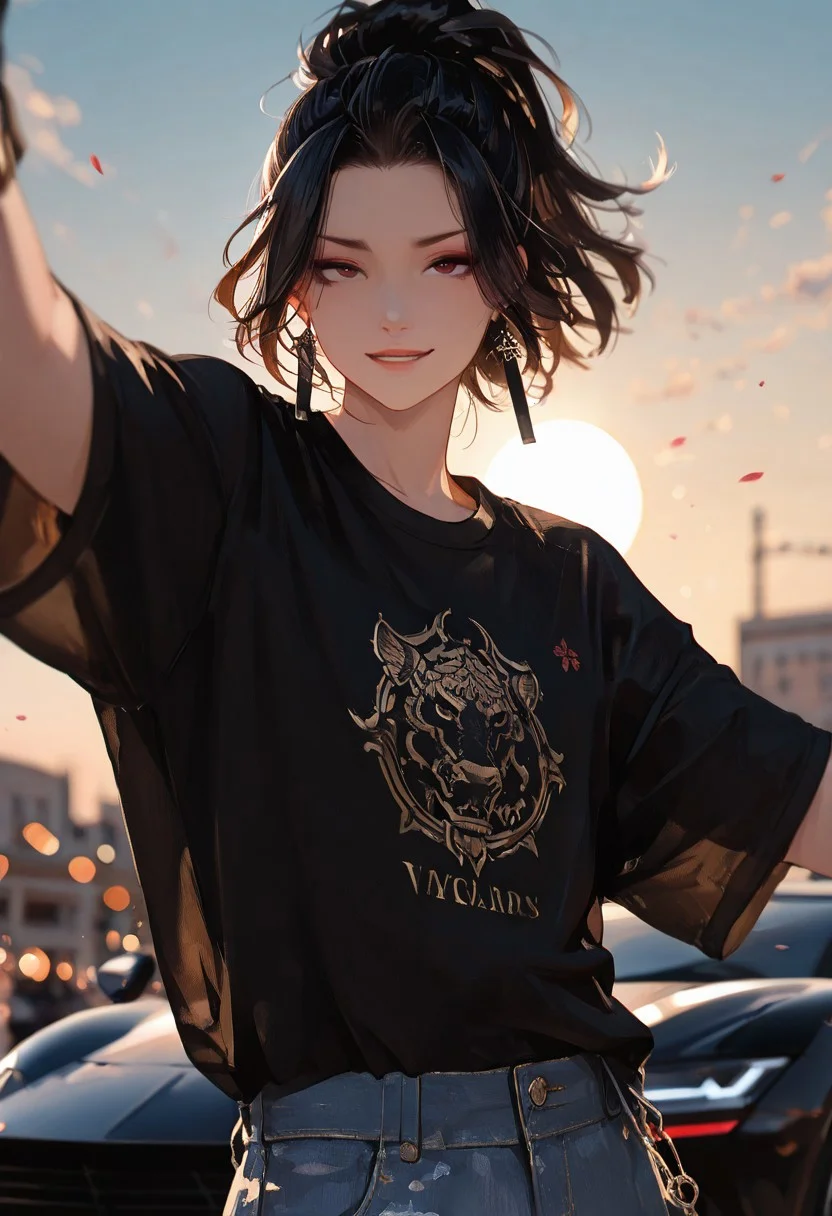 masterpiece, best quality, good quality, very aesthetic, absurdres,
newest, 8K, depth of field, focused subject,visual storytelling,dynamic composition,
close up, stylized, scenery, bokeh,blurred background,
Black Myth Wukong, male sun wukong,
chinese mythology,( dynamic pose:1.3), smirking face,
upper body focus,
casual clothes, wearing luxurious jeans and luxurious black t-shirt with gothic design, expensive black watch
windblown hair,
dramatic sky, celestial clouds, floating mountains, mythic scale, sakura petals, mystic mist,
cinematic composition, backlighting, volumetric light, vegas city scene, symbolic environment, god-tier illustration,(sketch:1.3), taking a selfie in front of a lamborghini aventador with spoiler and body kit (car is black, chrome carbon fiber details)