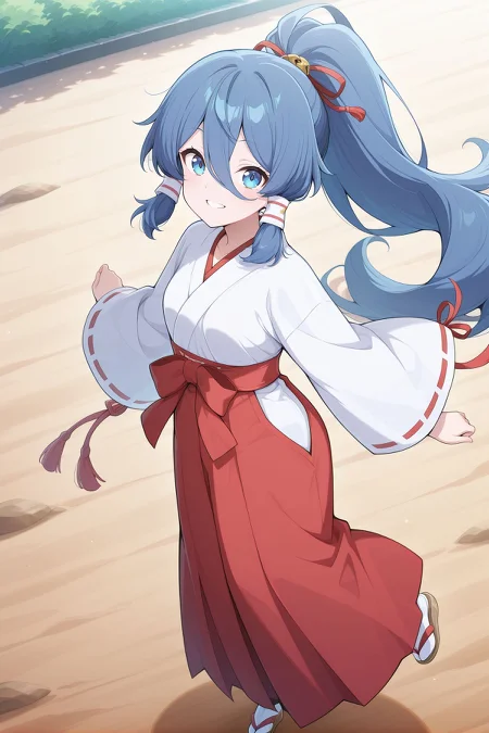 absurdres, highres, masterpiece, best quality, amazing quality, official anime artwork, screencap, anime screencap, outdoors, looking at viewer, smile, dynamic pose,
<lora:Mizuchi-Miyadeguchi_Illustrious:1> miyadeguchi mizuchi, 1girl, solo, blue eyes, blue hair, very long hair, hair tubes, ponytail, sidelocks, small breasts,, white kimono, wide sleeves, ribbon-trimmed sleeves, red hakama, miko, red ribbon, tabi, brown sandals,