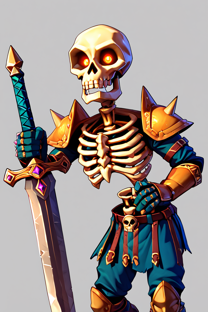 score_9, score_8_up, score_8,   BREAK, , zzStalfos, skull, skeleton, armor, armor, 1boy, male focus, bone, glowing eyes, shield, weapon, holding, sword, holding weapon,   <lora:StalfosZeldaOOT_PDXL:0.8>, BREAK, looking at viewer, ,,, smile, upper body, leaning forward, head tilt, ,,, embedding:zPDXL, Expressiveh, ,,, <lora:theButcherXPDXL:0.8>, <lora:CatalystStylePDXL:0.6>, <lora:SDXLFaeTastic2400:0.5>, <lora:Expressive_H-000001:0.4>,