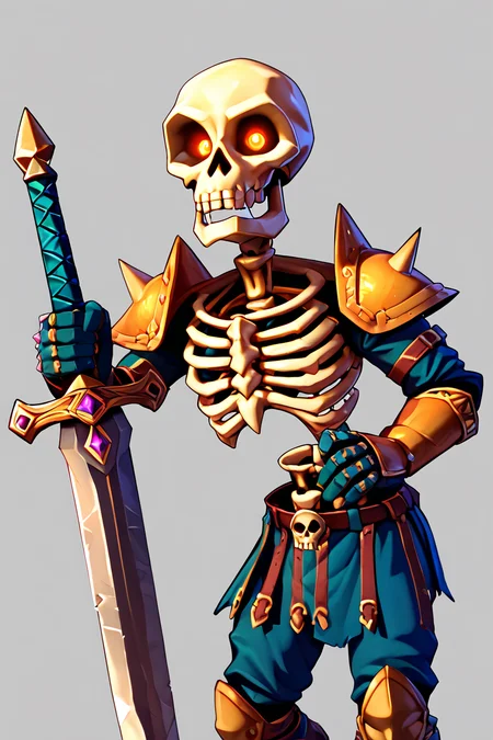 score_9, score_8_up, score_8,   BREAK, , zzStalfos, skull, skeleton, armor, armor, 1boy, male focus, bone, glowing eyes, shield, weapon, holding, sword, holding weapon,   <lora:StalfosZeldaOOT_PDXL:0.8>, BREAK, looking at viewer, ,,, smile, upper body, leaning forward, head tilt, ,,, embedding:zPDXL, Expressiveh, ,,, <lora:theButcherXPDXL:0.8>, <lora:CatalystStylePDXL:0.6>, <lora:SDXLFaeTastic2400:0.5>, <lora:Expressive_H-000001:0.4>,