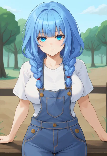 charlotte_wraith, blue eyes, blue hair, large breasts, thick waist, farmgirl, braided pigtails, overalls, white shirt, highly detailed, csr style, mammoth_metal_style
absurdres, high quality, score_7_and_up