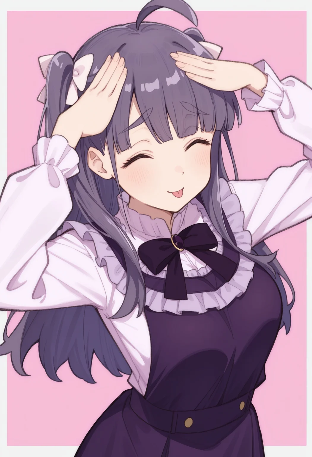 masterpiece, best quality, amazing quality, very aesthetic, high resolution, ultra-detailed, absurdres, newest,  <lora:noriko_chofu:1> chofu noriko, 1girl, two side up, dress, ahoge, <lora:AhEtoBlehMeme_illusXLNoobAI_Incrs_v1:1> AhEtoBlehMeme, closed eyes, tongue out, :p, hands on own head, smile