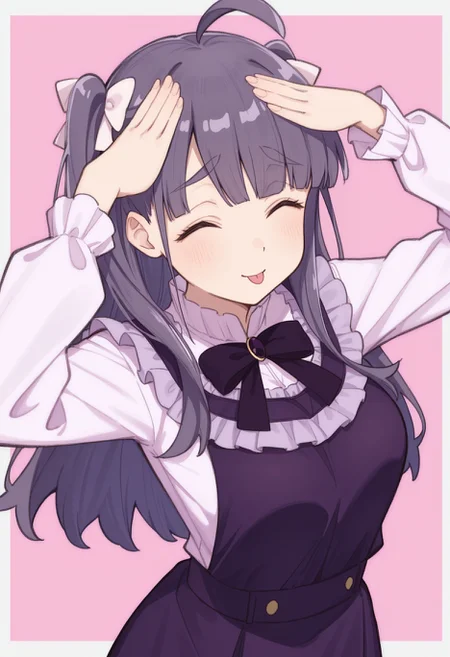 masterpiece, best quality, amazing quality, very aesthetic, high resolution, ultra-detailed, absurdres, newest,  <lora:noriko_chofu:1> chofu noriko, 1girl, two side up, dress, ahoge, <lora:AhEtoBlehMeme_illusXLNoobAI_Incrs_v1:1> AhEtoBlehMeme, closed eyes, tongue out, :p, hands on own head, smile
