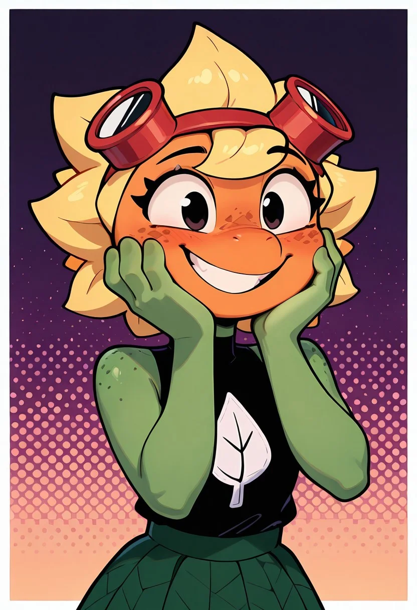 masterpiece, best quality, amazing quality, very aesthetic, absurdres, newest, detailed background,
cartoon, fan art, screencap,
solarflare, blonde hair, 1girl, red goggles on head, short hair, black shirt, freckles, dark green skirt, ((anthro, no ears, short snout, )),green skin, turtle neck, , green skirt, spikey hair, big smile, teeth, (orange face) , green neck, sleeveless, pose, no ears, earless, shirt print, shirt over skirt, big anthro hands, flat hands, round face, circular face, no humans, monster girl,, flat hands, green arms,
upper body, halftone effect, white borders, abstract background:1.2, smile, blush, teeth, hands on face,