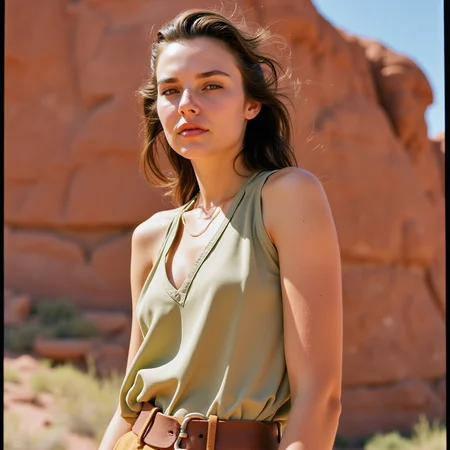 analog film photo Ultra quality, ultra realistic, ultra detailed skin textures and colors, Cowboy shot, sun-blasted desert plateau in Arizona: A statuesque woman stands framed against a giant red rock wall, dressed in a pale olive silk tank with oversized earth-tone utility trousers and a vintage leather belt. The camera captures every pore and the dryness in her lips from the desert wind, as well as the slight glisten at her temples from the sun. Shot on Pentax 67 with the 165mm LS lens, using Kodak Ektar 100, with a large diffusion scrim softening the hard sunlight overhead and a white bounce panel lifting the shadows around her collarbones and sternum. Her skin texture is richâtiny imperfections, a faint scar under her chin, soft nasolabial folds, light pigmentation near her temples, and pronounced texture around her lips all give the portrait tactile truth. Her hair is dry, tangled in the wind, and her expression borders on confrontationalâgorgeous, real, defiant.
 <lora:Detailed Skin&Textures Flux V3:0.7> dsv4, faded film, desaturated, 35mm photo, grainy, vignette, vintage, Kodachrome, Lomography, stained, highly detailed, found footage