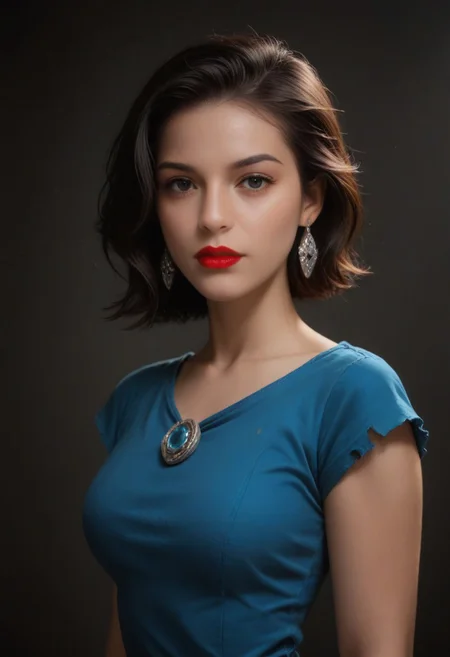 Indipro, masterpiece, best quality, highres, realistic, best quality,
score_9, score_8_up, score_7_up,
Captivating, realistic photo shoot. 20 year old BettyXLP stands in front of a dark gray backdrop. She is dressed in a (blue saree with intricate silver embroidery) and a cream blouse. Her hair is long and cascades over her shoulders, framing her face. She's wearing a pair of silver earring on her left ear. Her left hand is draped over her right shoulder. Her right hand is resting on her hip. She has a red lipstick on her lips.expressiveh