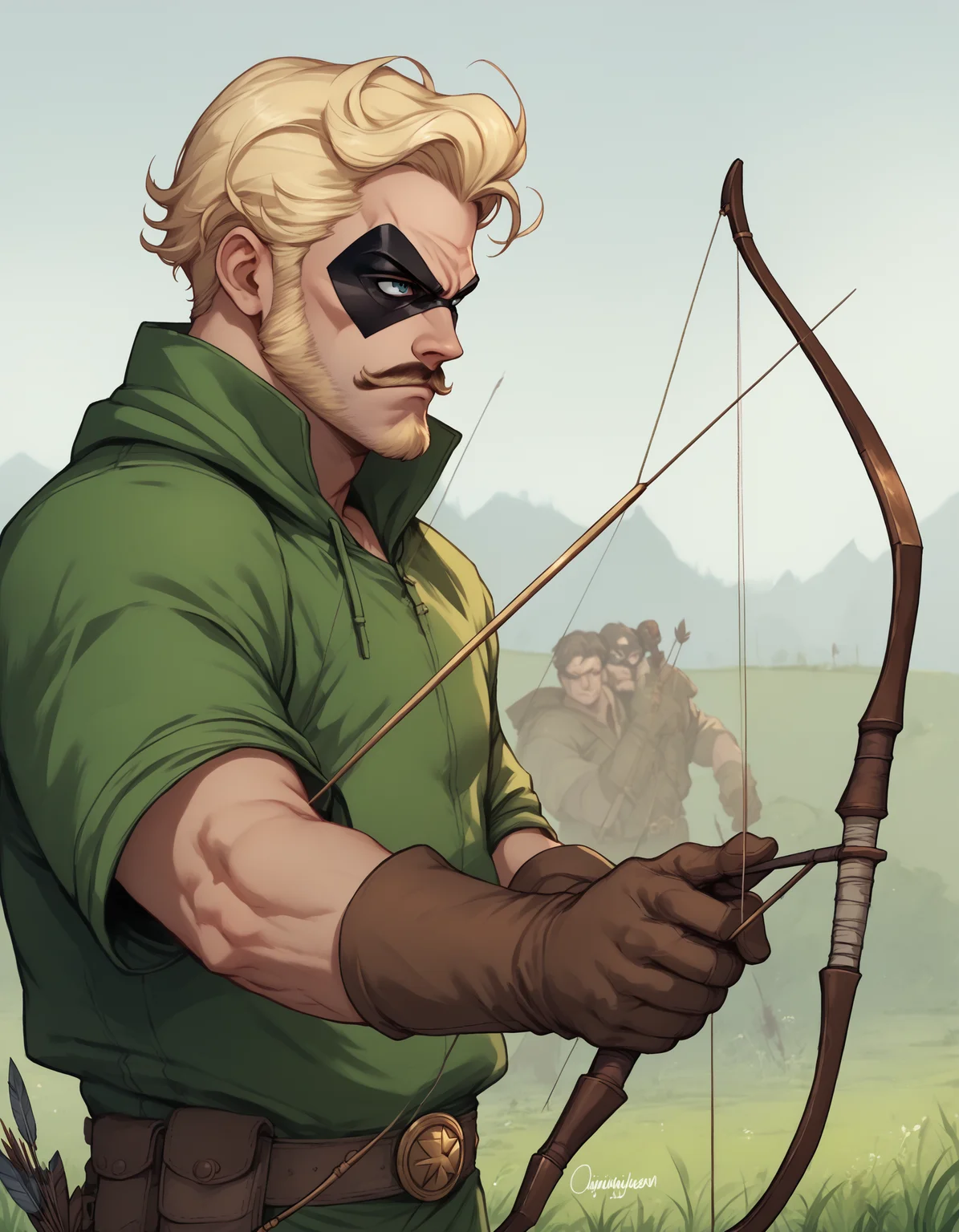 score_9, score_8_up, score_7_up, score_6_up, Comistyle, Oliver Queen as the Green Arrow (Character), 1boy, arrow (projectile), beard, blonde hair, bow (weapon), facial hair, gloves, grass, holding, holding arrow, holding bow (weapon), holding weapon, green hood, male focus, domino mask, mustache, quiver, solo, weapon, <lora:ComicsPonyXL_V2:1>
