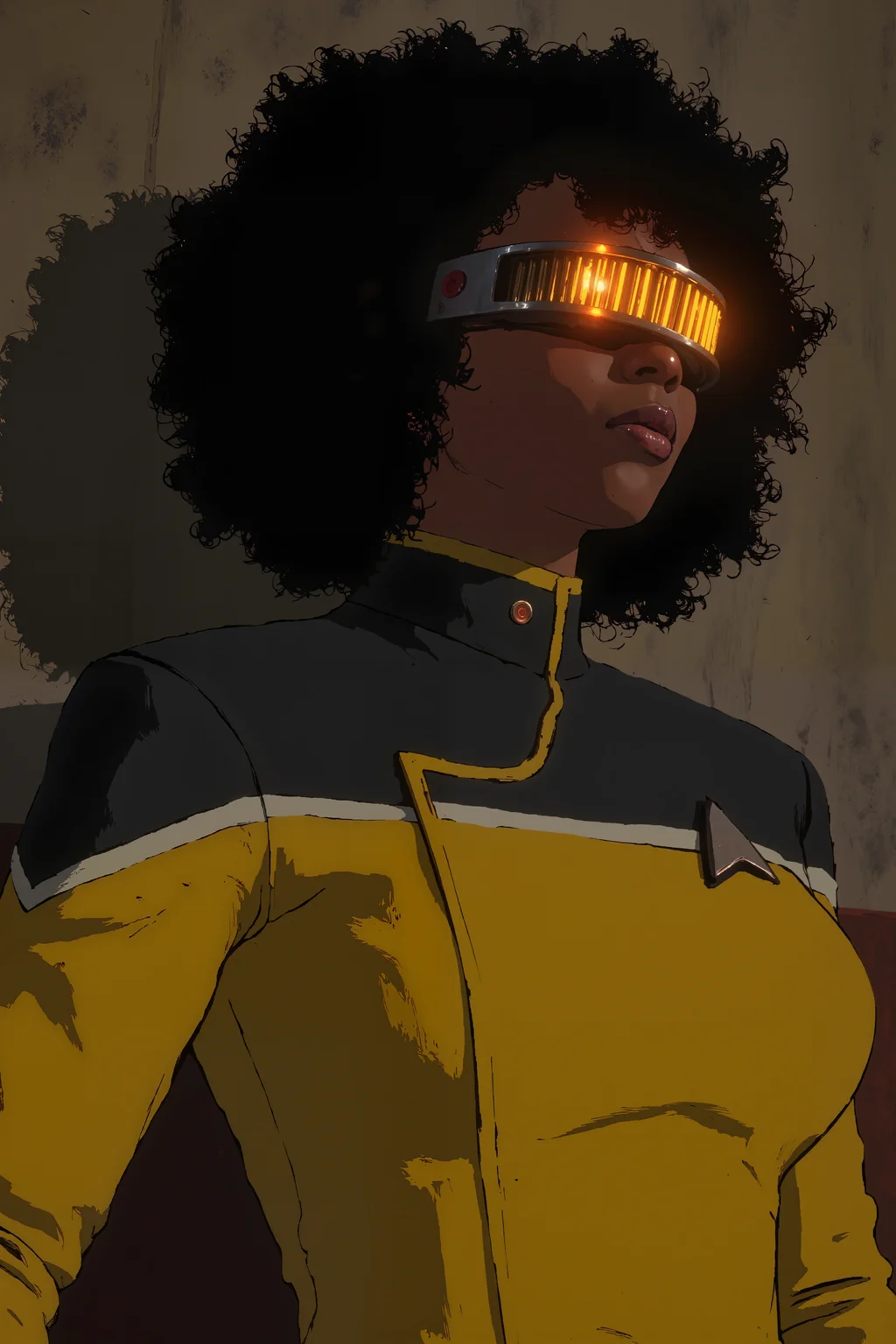woman with dark skin and afro room wearing grdvsr visor and yellow TLD uniform with black shoulders. , detailed background Fantastic lighting. Detailed shadows.intricate details, vivid colors, hyper-detailed, ultra-sharp, , <lora:GRD_VISOR_FLUX>,in the style of cksc,anime, cyberpunk, DB4RZ, DB4RZ style painting <lora:CPA:0.5><lora:FLUX-daubrez-DB4RZ:0.3><lora:Luminous_Shadowscape-000016:0.3><lora:ck-shadow-circuit-000021:0.35> <lora:TLD_FLUX>