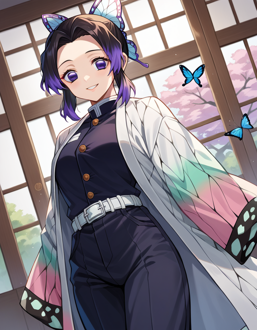 score_9, score_8_up, score_7_up, source_anime,
shinobukochou, <lora:shinobu-kochou-ponyxl-lora-nochekaiser:1>,
shinobu kochou, animal print, black hair, butterfly, butterfly hair ornament, butterfly print, forehead, gradient hair, hair ornament, haori, multicolored hair, parted bangs, purple hair, short hair, two-tone hair,
belt, black pants, butterfly print, coat, demon slayer uniform, haori, japanese clothes, pants, uniform,
indoors, smile,
looking at viewer, dutch angle, cowboy shot,