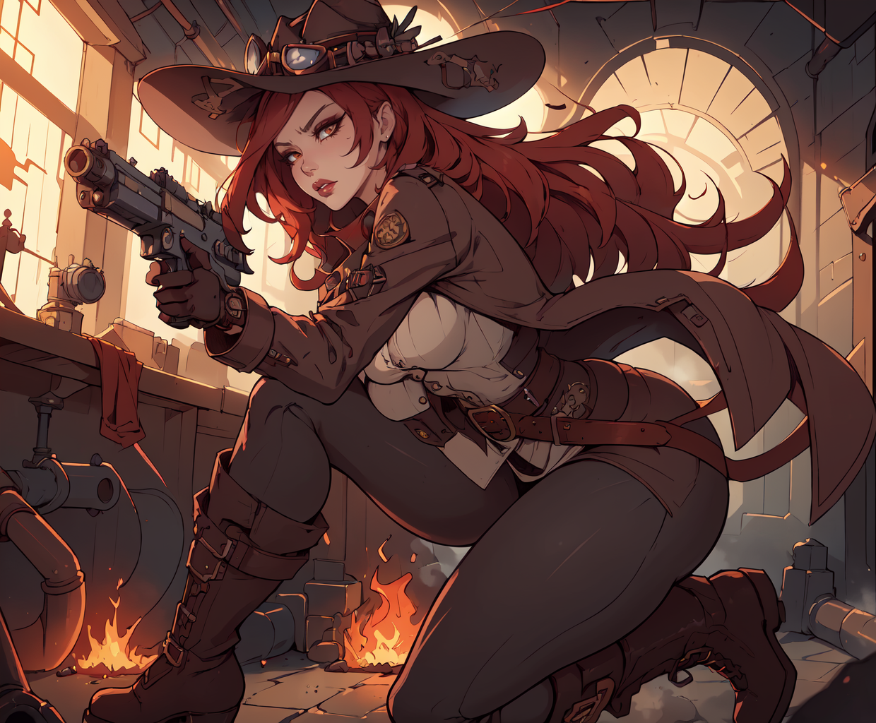 aletheia_steampunk, mature female, detailed, masterpiece, HDR, detailed sharp, best quality, highres, 1girl, solo, 
makeup, thick lips,  lipstick, eyeshadow, 
backlighting, depth of field, indirect lighting, dim lighting, 
steampunk, red hair, hat, very long hair,  gloves, goggles on headwear, belt, boots, trench coat, 
curvy, narrow waist, wide hips, 
jumping, dynamic pose, aiming_gun, 
angry, 
indoors, industrial pipes, dials, steam, fire, 
 <lora:Aletheia_v01:0.75>