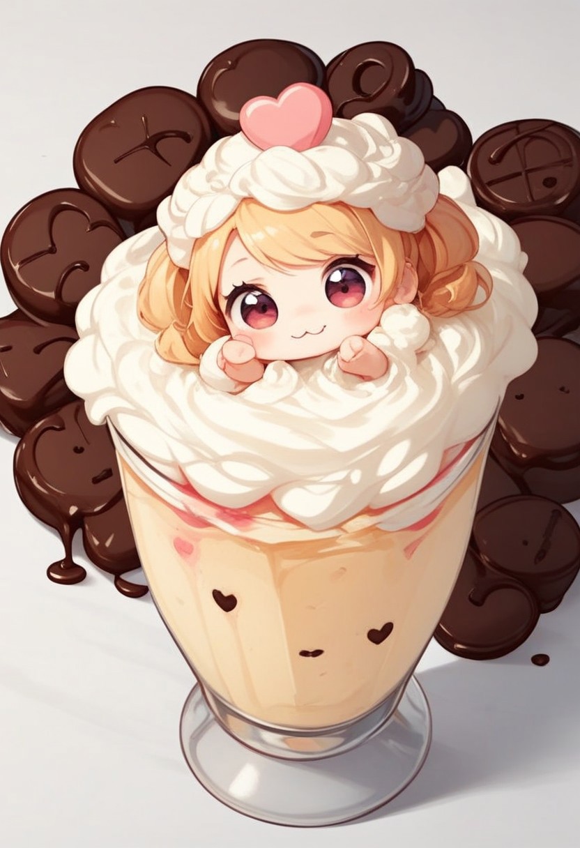 score_9, score_8_up, score_7_up, best quality, fine detail, 1girl, solo, cute, (milkshake chibi), chibi, in glass, chocolate, candies, syrup, whipped cream, rainbow sprinkles, from above