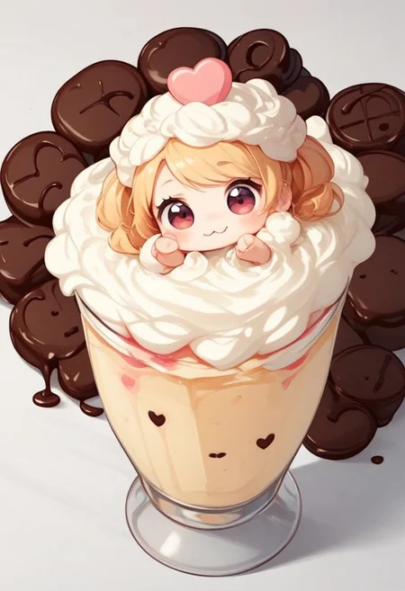 score_9, score_8_up, score_7_up, best quality, fine detail, 1girl, solo, cute, (milkshake chibi), chibi, in glass, chocolate, candies, syrup, whipped cream, rainbow sprinkles, from above