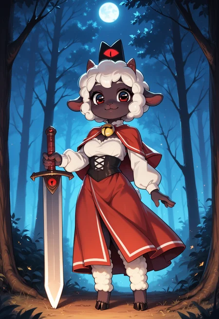 score_9, score_8_up, score_7_up,
source_furry, high quality, perfection, detailed, aesthetic, dim lighting,
1girl, solo,
forest, night, dark,
furry female, anthro, furred body, fluffy fur, beautiful girl, cute girl, adult, youthful, beautiful face, beautiful eyes, perfect eyes, detailed eyes,
(lamb girl), medium breasts, white hair, short hair, wool, good hands,
Cult of the Lamb cosplay, wool clothes, clothed,
chibi, shortstack,
(huge sword:1.2), smile,