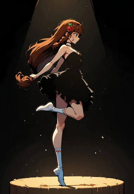 (Blend_in, black background), score_9, score_8_up, score_7_up, masterpiece, (high contrast, spotlight, cinematic light), (suspended dust particles:1.2), mature, stunning, full body, from side, 1girl, solo, imtdlilaross, long hair, low-tied long hair, green eyes, blunt bangs, brown hair, rose (flower) hair ornament, hair tubes, thin black choker, strapless ballerina attire, bell tutu, pitch black clothes, (white ballerina pointes), arabesque, standing on one leg, stage performance