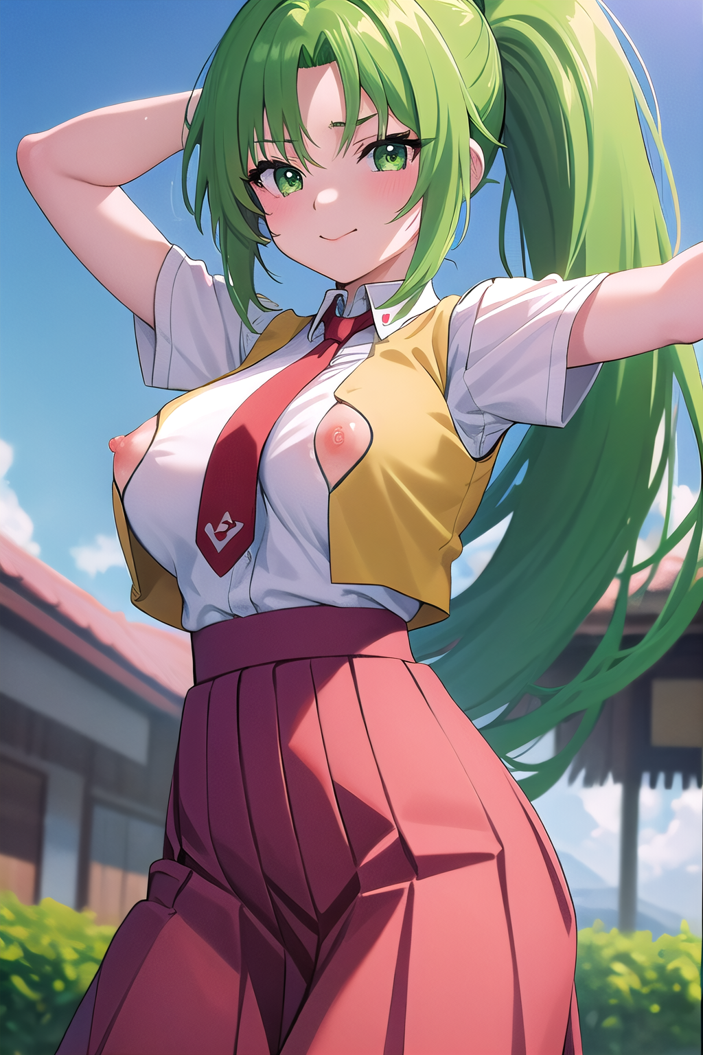 masterpiece, best quality, ultra-high-detailed, nipple cutout, 1girl,  nipples, clothing cutout, Mion Sonozaki, green hair, green eyes, ponytail, white shirt, red necktie, yellow vest, red skirt,