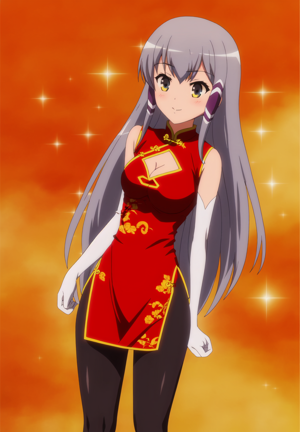 <lora:Elze_Silhoueskav2:0.8>, Elze_Silhoueska, 1girl, solo, long hair, breasts, dress, cleavage, medium breasts, very long hair, grey hair, pantyhose, elbow gloves, white gloves, black pantyhose, clothing cutout, sparkle, chinese clothes, cleavage cutout, china dress,
