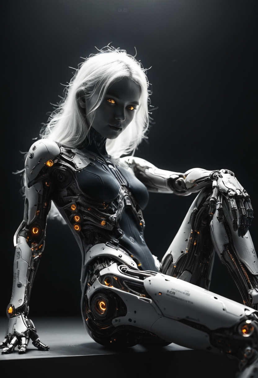 (sitting leg crossed, view from below),small face, (asian:1.2) female, luminous neon white hair with bangs, cyborg girl, white ceramic body, mechanical limbs, shot on polaroid film, luminous, glossy, avantgarde, futuristic, highly detailed, limited color palette, high contrast, depth of field, looking at viewer, Silhouette