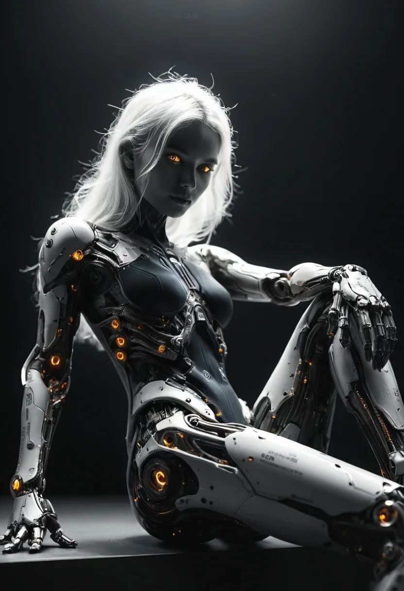 (sitting leg crossed, view from below),small face, (asian:1.2) female, luminous neon white hair with bangs, cyborg girl, white ceramic body, mechanical limbs, shot on polaroid film, luminous, glossy, avantgarde, futuristic, highly detailed, limited color palette, high contrast, depth of field, looking at viewer, Silhouette