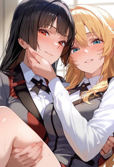 masterpiece,best quality,very aesthetic,highres,absurdres,2girls,mature female,<lora:trt_v0.3_noobai_cwhj:1>,princess carry,carrying,carrying person,hand on another's cheek,hyakkaou academy school uniform,jabami_yumeko,saotome mary,