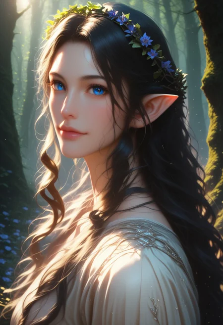 (score_9, score_8_up, score_7_up), 1girl, MILF, solo, gorgeous girl, detailed face, kawai girl, Expressiveh, <lora:add-detail-xl:1>, cute face, cute girl, Curvaceous Physique, easynegative, forest,tall trees, fog, enchanted forest, perfect quality, high quality, ambient occlusion, raytracing, source_anime, shining glossy skin, soft lighting, realistic skin, blum effect, masterpiece, absolutely eye-catching,
Lúthien, (masterpiece), best quality, expressive eyes, perfect face, black hair, ((pointy ears:0.6)), perfect eyes, silhouette, light particles, view from side, long flowing hair, ((Lord of the Rings elven dress intricate)), simple medival dress, linen dress, flower crown, steam, fog,
