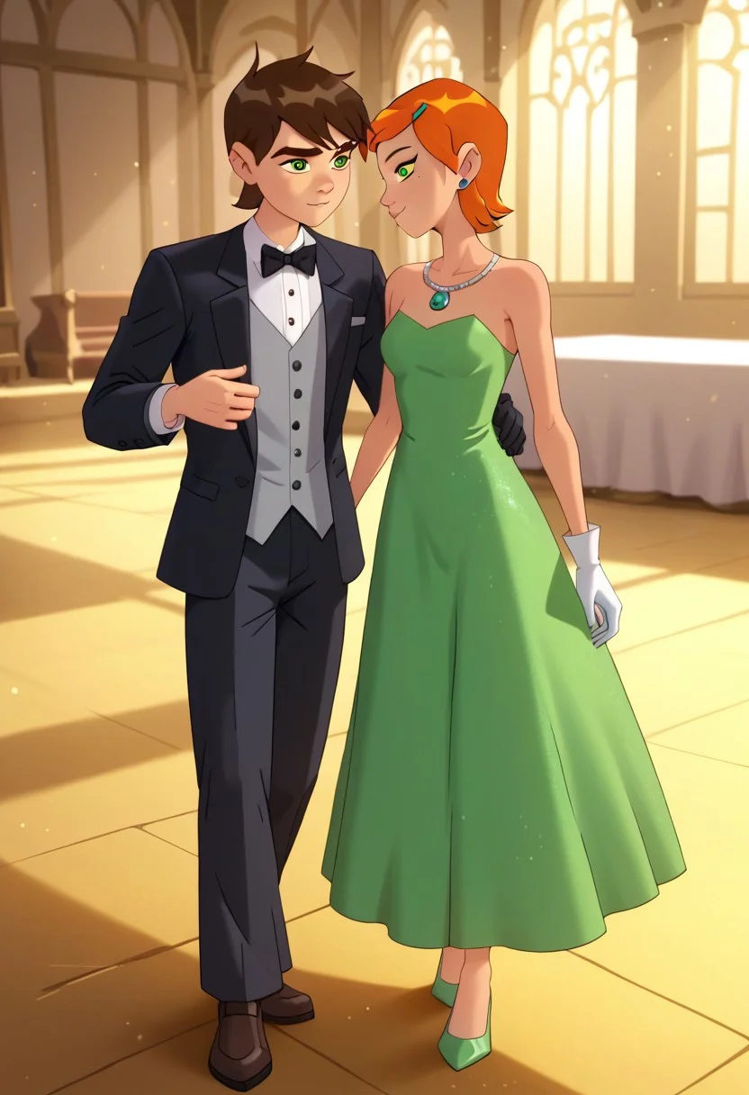 score_9, score_8_up, score_7_up,
1 girl, 1 boy, couple, ( gwen tennyson, age 20, short orange hair, large breasts, thin hips, thin thighs, slender, beautiful, sexy, smiling, green eyes, wearing a emerald green dress, tight dress, gloves, wedding style, ( GOLD embroidering accents on bodice)  black beading on the skirt, gem beading, ) and (ben tennyson,  brown hair, age 20, fit, muscular,  wearing a tuxedo), 
Dancing on a ballroom floor,