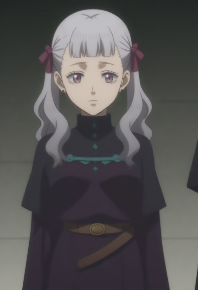 source_anime, anime screencap, source_anime, auratheguillotine, anime screencap, masterpiece, source_anime, shiny skin,,,,,,<lora:noellesilva-pdxl-nvwls-v1-000005:1> noelle silva, grey hair, purple eyes, twintails, hair ribbon, black capelet, green strap, white and purple dress, long sleeves, belt,