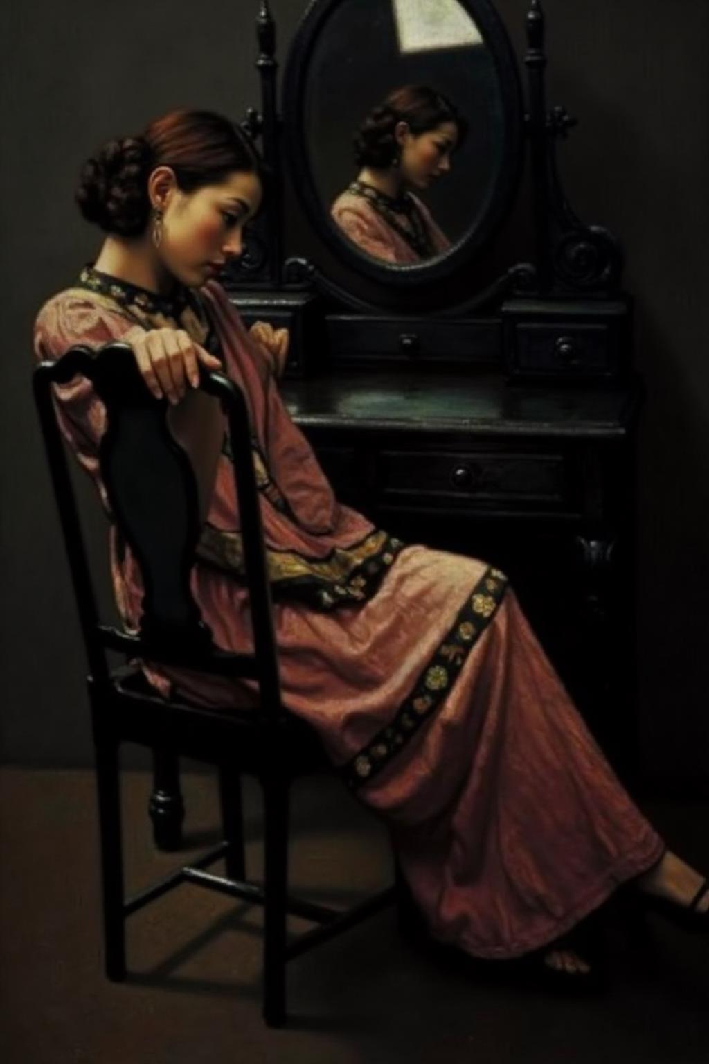 chenyifei1 painting.
A woman sits in a dimly lit dressing room. She is seated on a wooden chair with a dark, ornate backrest, her head slightly tilted downward. Her reflection is visible in a large, round mirror on a dark wooden vanity table.
 <lora:chenyifei1_cap_d6a3:1.0><lora:839130915071374485:0>