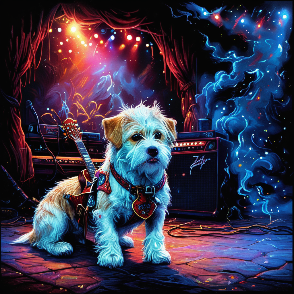 Hyperrealistic, crystal-clear portrait of a  <lora:ZIP_SDXL:1> zip dog looking at the viewer Walking on stage playing his guitar  <lora:1980s_Fantasy_Style_test_2:0.3> 1980s Fantasy Style, vivid color <lora:Rock_Concert:0.5> r0ckc0ncert, on stage, light show, smoke, band, instruments <lora:tbh160-sdxl:0.8> style of Dan Mumford  ith super sharp details and vivid colors, intricate textures, and pristine clarity.