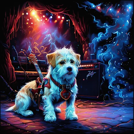 Hyperrealistic, crystal-clear portrait of a <lora:ZIP_SDXL:1> zip dog looking at the viewer Walking on stage playing his guitar <lora:1980s_Fantasy_Style_test_2:0.3> 1980s Fantasy Style, vivid color <lora:Rock_Concert:0.5> r0ckc0ncert, on stage, light show, smoke, band, instruments <lora:tbh160-sdxl:0.8> style of Dan Mumford ith super sharp details and vivid colors, intricate textures, and pristine clarity.