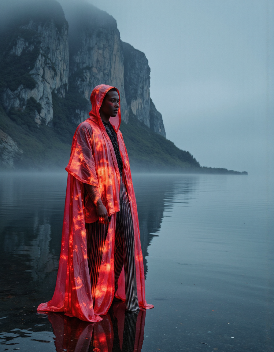 A figure stands gazing left, cloaked in a translucent, glowing red robe, with brilliant glitch and noise effect on cloak. The serene, misty backdrop features soft blues and grays of a cliff and foggy sky. Reflections on the calm, glassy water replicate the figure's vibrant luminescence, juxtaposing the cool tranquility of the setting with the robe's energetic warmth.