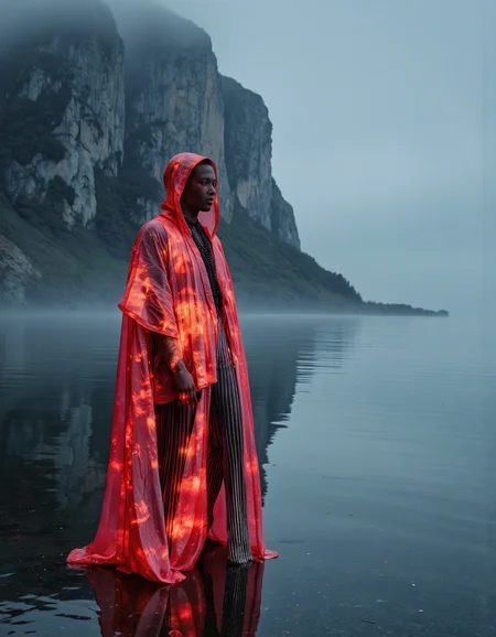 A figure stands gazing left, cloaked in a translucent, glowing red robe, with brilliant glitch and noise effect on cloak. The serene, misty backdrop features soft blues and grays of a cliff and foggy sky. Reflections on the calm, glassy water replicate the figure's vibrant luminescence, juxtaposing the cool tranquility of the setting with the robe's energetic warmth.