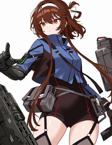 1girl,solo,white background,(simple background:1.1),cowboy shot,type79,single mechanical arm,<lora:type79-000012:0.8>,, masterpiece, best quality, very aesthetic, absurdres,newest, incredibly absurdres,