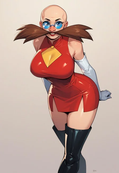 score_8_up. score_7_up, score_9, score_6_up, 2d, shiny skin,
Classic_dr_Eggman, 1girl, genderbender, white elbow gloves, round glasses, white gloves, facial hair, round eyewear, mustache, bald, red top, thigh boots, high heel boots, large breasts, latex,
seductive, posing, looking at viewer