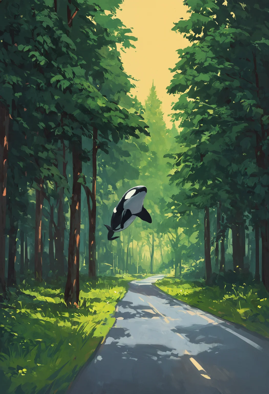 score_9, score_8_up, score_7_up, outdoors, scenery, forest, (a large orca swimming in the air:1.4), vibrant colors, high contrast, tree, road, large pine trees
<lora:ScenicHorizonsV2:1>,