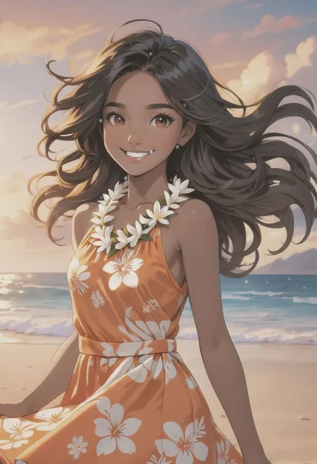 a beautiful (((black haired girl,))) very long messy hair, beautiful detailed deep brown eyes, (((brown skin))), tan skin, (hawaiian), cute and beautiful face, relaxed smile, medium breasts, hawaiian clothes, wearing a orange hawaiian beach dress with island-inspired designs, flower lei, barefoot, puka shell necklace, full body view, colorful,
(masterpiece:1.2), (best quality:1.2), ultra-detailed, best shadow, detailed background, high contrast, (best illumination, an extremely delicate and beautiful), ((cinematic light)), hyper detail, dramatic light, intricate details, 8k, anime, very aesthetic, sitting on the sand, looking at ocean beautiful hawaiian beach, sparkling blue ocean, gentle waves, white sand, fluffy clouds in the sky, sunset, summer season, flower petals blowing in the wind, beach in the background, breezy weather, natural lighting, vivid colors, skirt blowing in the wind, hair blowing in the wind, hawaiian beauty, beautiful smile, happy, blush, outdoors