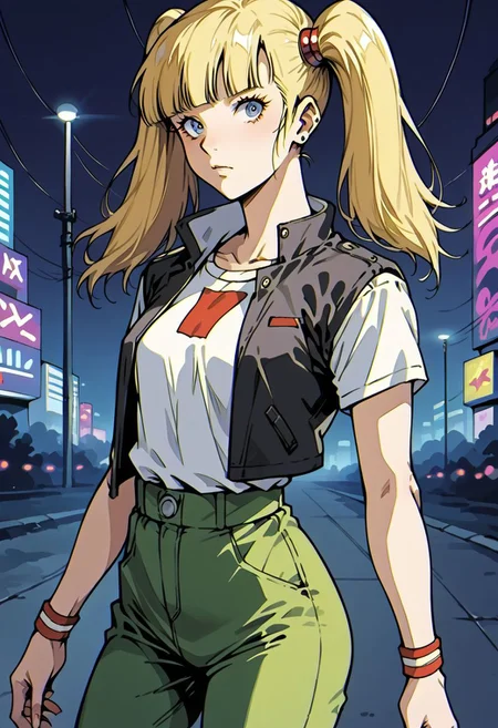 score_9, score_8_up, score_7_up, score_6_up, score_5_up, score_4_up, source_manga, rating_questionable, 1girl, penny \(inspector gadget\), human, cyberpunk, punk, breasts, undercut, blonde hair, pigtails, blue eyes,
shirt, stripe, green pants, cowboy shot, night, neon, vaporwave, retro artstyle, tv still, halftone effect, xenotr1p,
