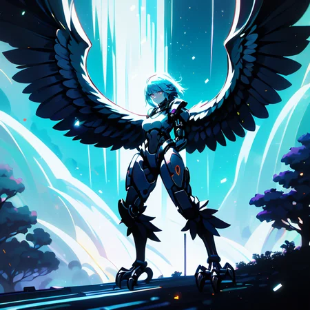 a_photo_of harpy monster girl looking at viewer, winged arms, harpy, bird legs, talons, detailed background, detailed face, cyberpunk soldier, saboteur, wearing battle-gear, battle-stance, cybernetic implants, glowing neon lights, searchlights in background, storm, floating particles, particle effects, cinematic atmosphere <lora:Cyberpunk01:0.971>   <lora:Chromaterra_SD1.5_version-000008:1> DonMChr0m4t3rr4