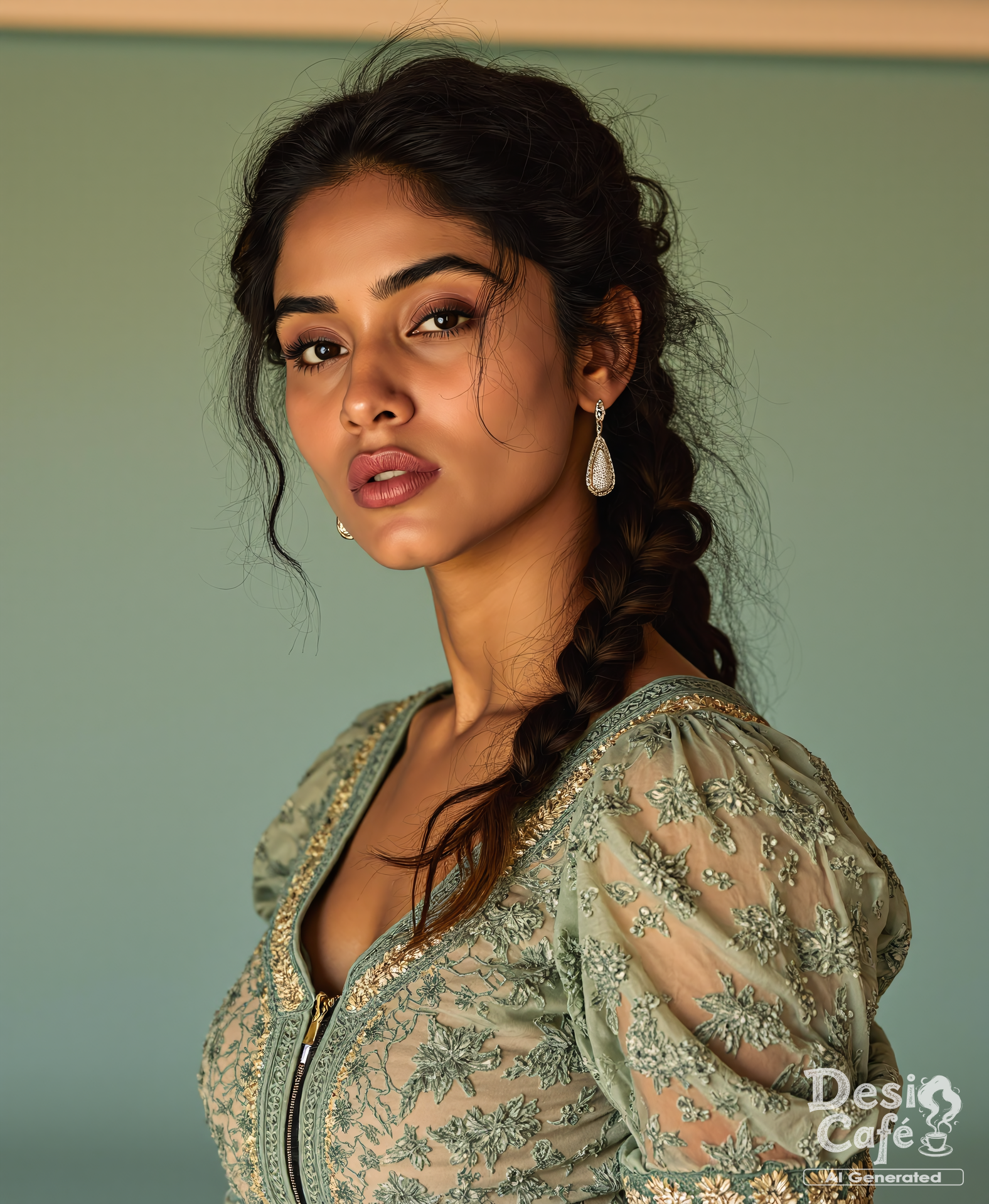 cowboy shot photo of de51  woman with d351 h0nth, hyper realistic photo that is safe for work, serious, studio quality image with natural colors, well dressed wearing intricate long sleeved Jade floral summer dress, hair styled as  french plait,muted pastel shaded multicolored background that contrasts with the person, cinematic lighting,ââ   <lora:d351 h0nth - Pouty Indian Lips - V2:1>âââ