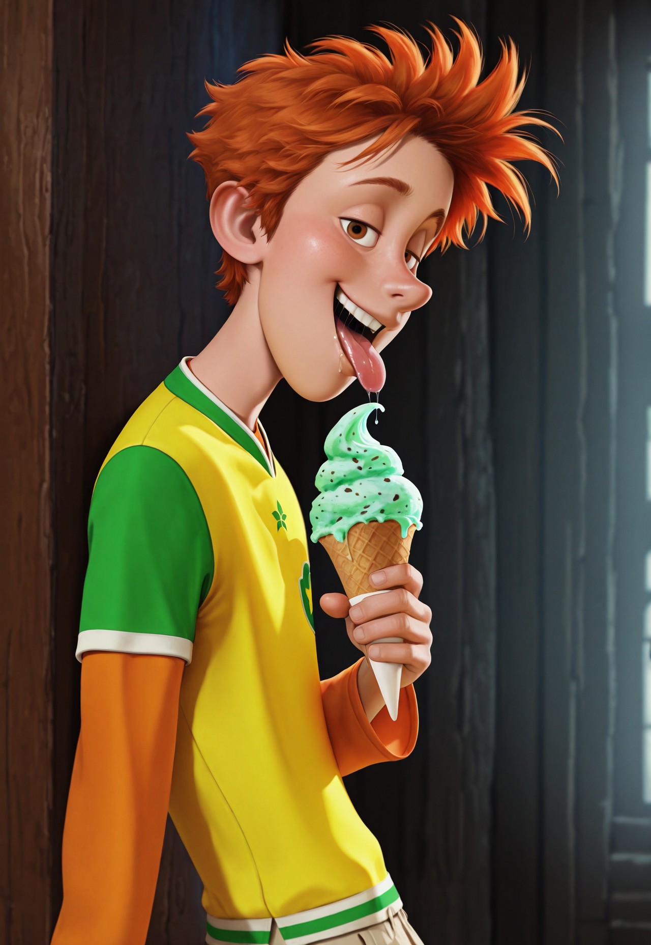 masterpiece, best quality, amazing quality, detailed background, intricate details, dynamic, cinematic, animated, anime realistic shading, solo, male focus, 1boy, handsome, tall, j0hnny, ginger hair, brown eyes, yellow and green t-shirt, orange shirt, light brown cargo shorts, green and blue sneakers, flirting with viewer, sultry look, ice cream, holding, tongue out, saliva, abstract background, cowboy shot, side view